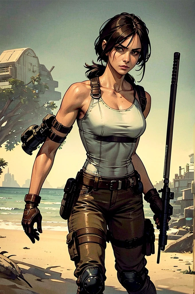 a military woman, well trained body, white sleeveless t-shirt, Exposed collarbone, beige leather shelter, blue pants, two leather belts with gun pockets, dark brown hair, carving, Brown eyes, hazel left eye, left eye with a scar, beach shore, at daytime, walking towards the viewer, serious expression, threatening expression looking at viewer, sparkling beach, palm trees around, leather gloves on his hands, In a post-apocalyptic environment, post - apocalyptic cowgirl, Post - Apocalyptic style, Post apocalyptic clothing, pose, post-apocalyptic, Postapocalyptic style, post apocalyptic grunge, Post - Apocalyptic Scavenger. (Ultra quality) 8k quality, detailed, perfect light, perfect angle, perfect sharpness.