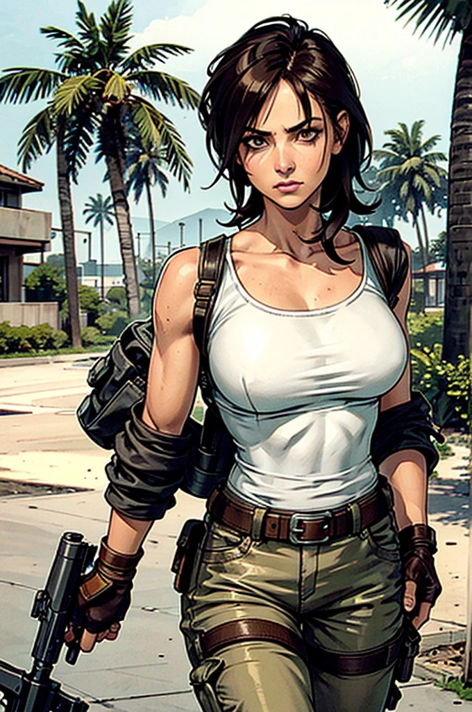 a military woman, well trained body, white sleeveless t-shirt, Exposed collarbone, beige leather shelter, blue pants, two leather belts with gun pockets, dark brown hair, carving, Brown eyes, hazel left eye, left eye with a scar, beach shore, at daytime, walking towards the viewer, serious expression, threatening expression looking at viewer, sparkling beach, palm trees around, leather gloves on his hands, In a post-apocalyptic environment, post - apocalyptic cowgirl, Post - Apocalyptic style, Post apocalyptic clothing, pose, post-apocalyptic, Postapocalyptic style, post apocalyptic grunge, Post - Apocalyptic Scavenger. (Ultra quality) 8k quality, detailed, perfect light, perfect angle, perfect sharpness.