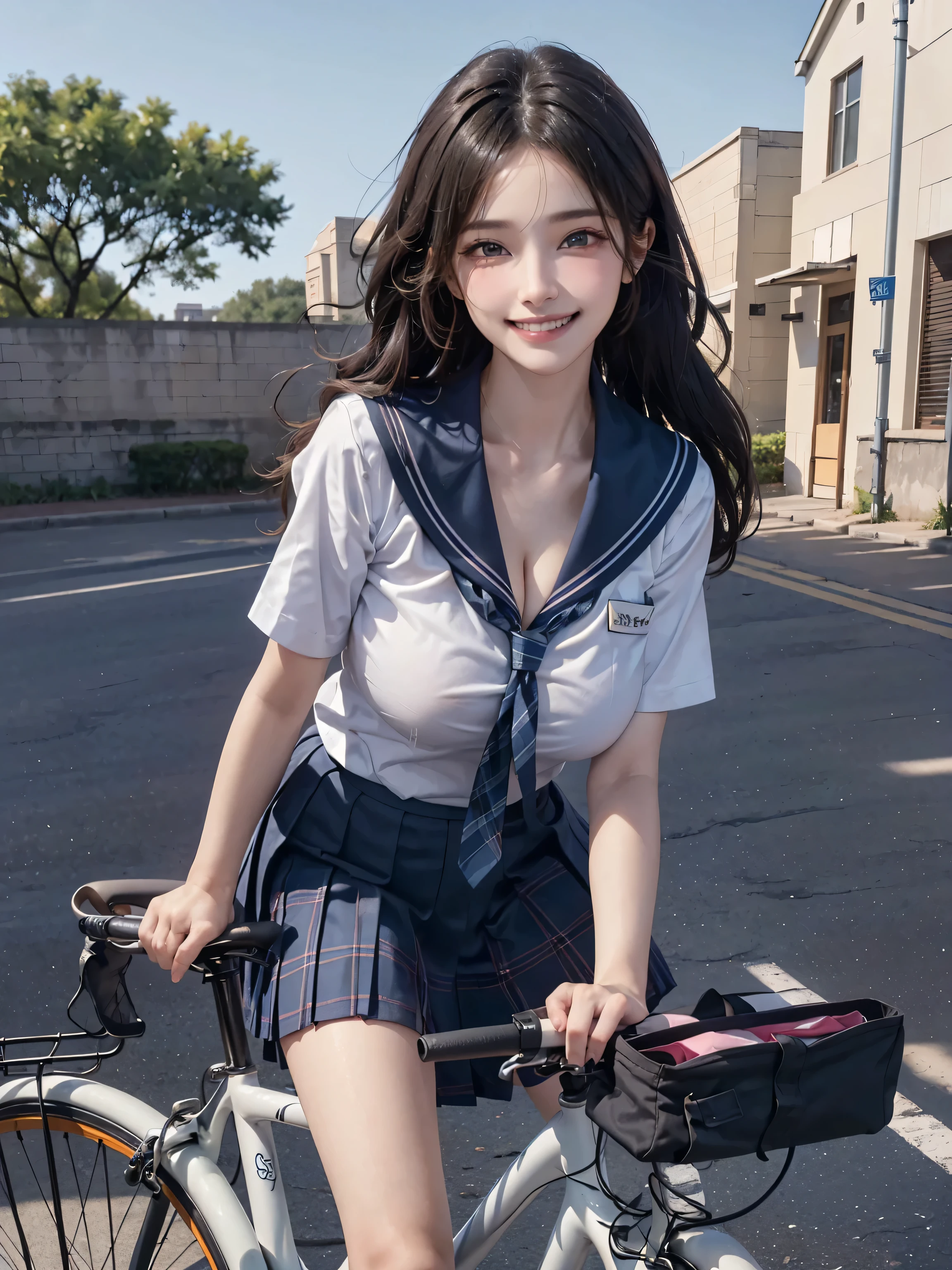 (masterpiece:1.3, Highest quality, Ultra-high resolution, Super detailed), (Realistic, photoRealistic:1.4), Perfect lighting, Natural light, colorful, Depth of written boundary, Browsing Caution, Surrealism, Front view,Beautiful detailed hair, Beautifully detailed face, Beautiful fine details, Beautiful clavicle, Beautiful body, thin脚,Beautiful feet, Beautiful Hands, thin, 1 girl, Perfect Face, Hair between the eyes, blue eyes, Long eyelashes,Perfect Anatomy, Supermodel with a long neck,((Skinny1.2)),looking at the camera,(Perfect Anatomy,Highly detailed skin), Shiny skin,((beautiful girl:1.1)),(( large breasts:1.4)), (((Cute smile:1.3)),(Mid-length hair:1.4, Wavy Hair:1.2, Black Hair) ,hair over one eye, Dainty facial structure,photo shoot, No makeup, Sharp focus, Face Light,{school uniform, navy skirt in plaid skirt},{school uniform, short sleeve shirt:1.2}, {school uniform, tie:1.3},((pinkbicycle)),A beautiful woman riding a bicycle during the daytime. She has long, flowing hair . The scene is set in a picturesque environment, with clear skies and a scenic background. She looks happy and carefree, enjoying her ride,((wide shot)),((facing viewer)),