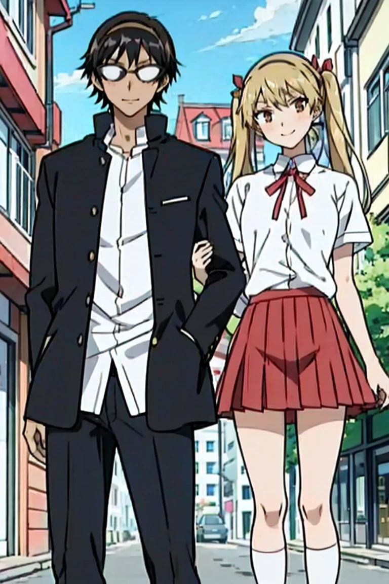 1 boy and 1 girl stand in the street,sawachika eri, brown eyes,twintails, hair ribbon,harimakenji, glasses, ,school uniform, red pleated skirt,eri,hairband, looking_at_viewer, serious, gakuran, white_shirt,smile,happy,two persons