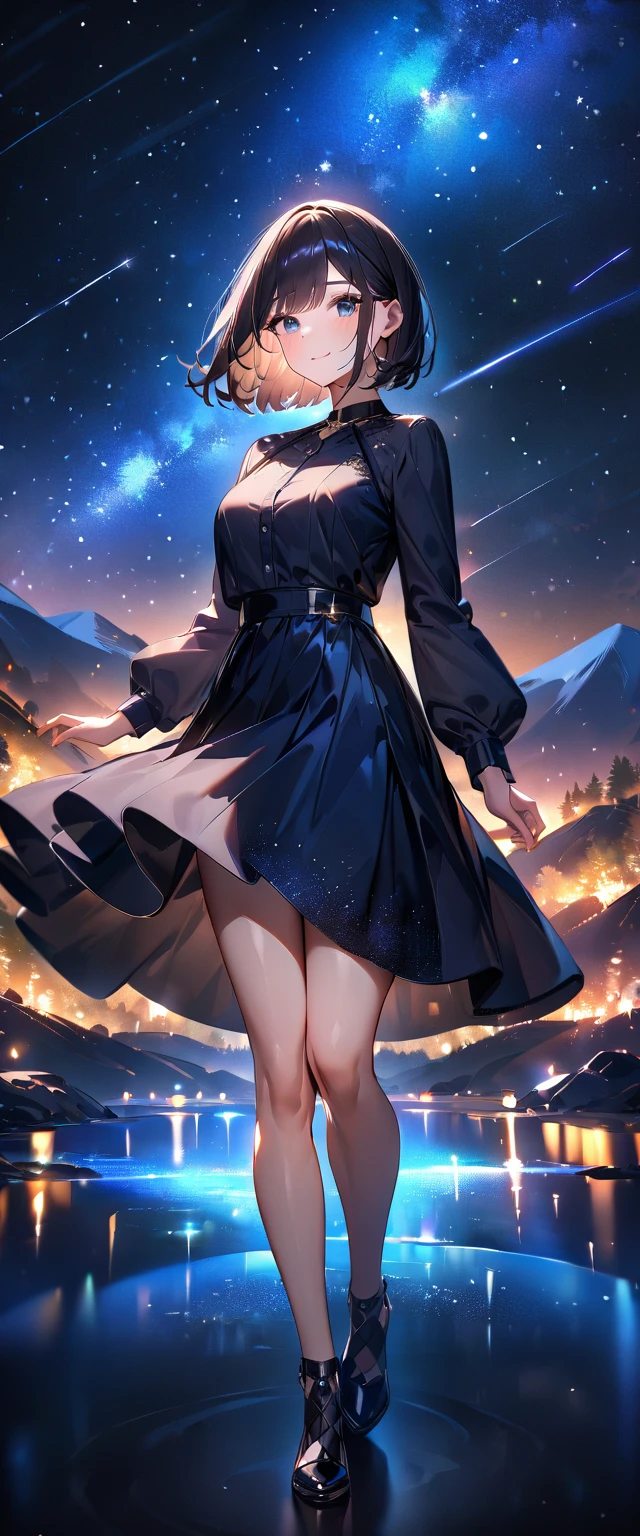 (((A meteor shower dancing in the night sky, countless stars twinkling in the clear air, a beautiful starry sky, the Milky Way shining beautifully in the night))), mountain, a girl, bobcut, bare legs, (best quality, 4K, 8K, highres, masterpiece:1.2, ultra-detailed, HDR, uhd, studio lighting, ultra-fine painting, sharp focus, physically-based rendering, extreme detail description, professional, vivid colors, bokeh)