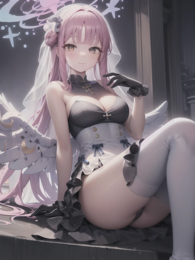 A girl，Long hair, Bangs, Pink hair, Hair between the eyes, s eyes:（1.5),  (Medium breasts:1.2), 
rest  锁骨, Wedding dress，veil，wedding，Black dress，Flowers，The skirt is broken，Black socks，Black knee socks，Black gloves，boots，Cleavage，
Looking at the audience, whole body,
indoors, church，permanent，permanent，Smile，With eyes closed，With eyes closed，
rest (masterpiece:1.2), best quality, high resolution,  8k wallpaper, (illustration:0.8), (美丽细致s eyes:1.6), Extremely detailed face, Perfect lighting, Extremely detailed CG, (Perfect hands, Perfect anatomical structure),