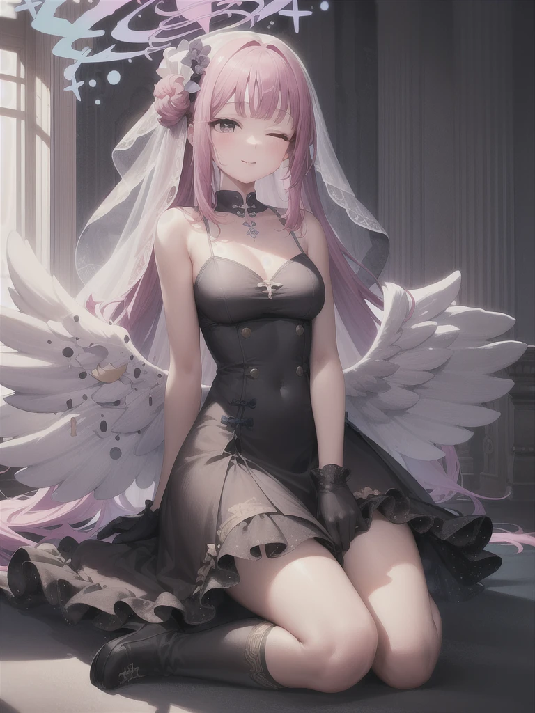 A girl，Long hair, Bangs, Pink hair, Hair between the eyes, s eyes:（1.5),  (Medium breasts:1.2), 
rest  锁骨, Wedding dress，veil，wedding，Black dress，Flowers，The skirt is broken，Black socks，Black knee socks，Black gloves，boots，Cleavage，
Looking at the audience, whole body,
indoors, church，permanent，permanent，Smile，With eyes closed，With eyes closed，
rest (masterpiece:1.2), best quality, high resolution,  8k wallpaper, (illustration:0.8), (美丽细致s eyes:1.6), Extremely detailed face, Perfect lighting, Extremely detailed CG, (Perfect hands, Perfect anatomical structure),