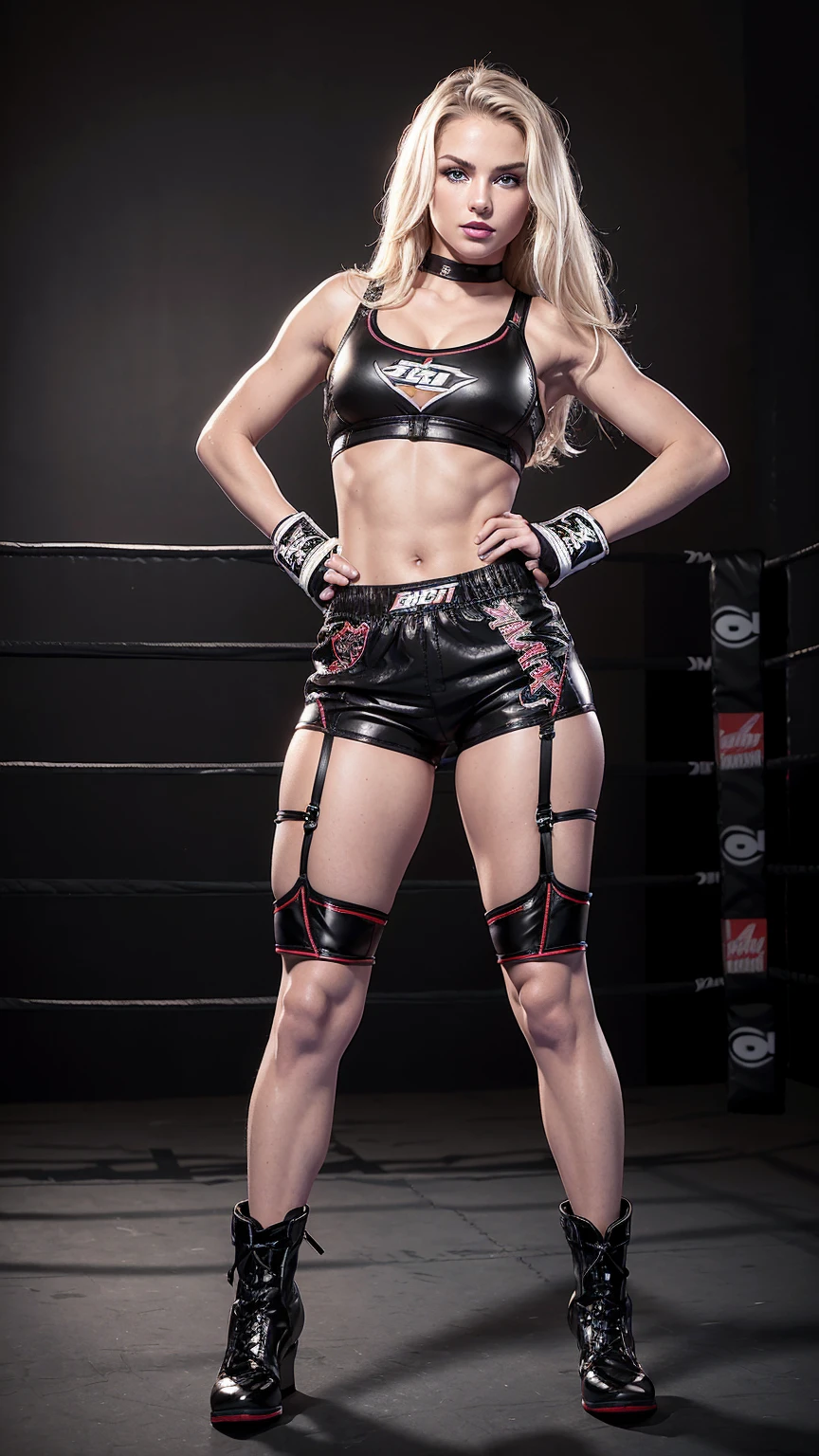 Beautiful cute American blonde bombshell, 18 years old, (young cute sexy bimbo face), ((black boxing shorts:1.5)), ((sexy black boxing shorts:1.3)), ((tiny bra:1.3)), ((black boxing boots:1.3)), blue eyes, straight blonde hair, muscular arms, toned body, boxing gloves, (lipstick, heavy makeup:1.3), ((black boxing shorts:1.3)), slutty makeup, perky breasts, small firm breasts, intimidating pose in a boxing ring, ((full body portrait:1.3)),