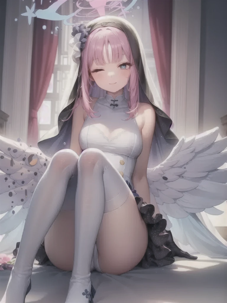 A girl,Long hair, Bangs, Pink hair, Hair between the eyes, s eyes:(1.5), (Medium :1.2),
rest 锁骨, Wedding dress,veil,wedding,Black dress,Flowers,The skirt is broken,Black socks,Black knee socks,Black gloves,boots,Cleavagng at the audience, whole body,
indoors, church,permanent,permanent,Smile,With eyes closed,With eyes closed,
rest (masterpiece:1.2), best quality, high resolution, 8k wallpaper, (illustration:0.8), (美丽细致s eyes:1.6), Extremely detailed face, Perfect lighting, Extremely detailed CG, (Perfect hands, Perfect anatomical structure),