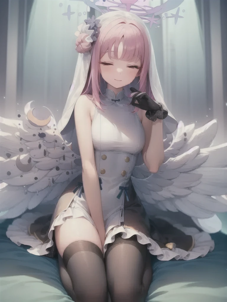 A girl，Long hair, Bangs, Pink hair, Hair between the eyes, s eyes:（1.5),  (Medium breasts:1.2), 
rest  锁骨, Wedding dress，veil，wedding，Black dress，Flowers，The skirt is broken，Black socks，Black knee socks，Black gloves，boots，Cleavage，
Looking at the audience, whole body,
indoors, church，permanent，permanent，Smile，With eyes closed，With eyes closed，
rest (masterpiece:1.2), best quality, high resolution,  8k wallpaper, (illustration:0.8), (美丽细致s eyes:1.6), Extremely detailed face, Perfect lighting, Extremely detailed CG, (Perfect hands, Perfect anatomical structure),