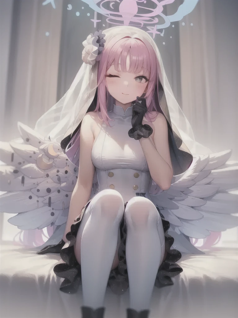 A girl,Long hair, Bangs, Pink hair, Hair between the eyes, s eyes:(1.5), (Medium breasts:1.2),
rest 锁骨, Wedding dress,veil,wedding,Black dress,Flowers,The skirt is broken,Black socks,Black knee socks,Black gloves,boots,Cleavage,
Looking at the audience, whole body,
indoors, church,permanent,permanent,Smile,With eyes closed,With eyes closed,
rest (masterpiece:1.2), best quality, high resolution, 8k wallpaper, (illustration:0.8), (美丽细致s eyes:1.6), Extremely detailed face, Perfect lighting, Extremely detailed CG, (Perfect hands, Perfect anatomical structure),
