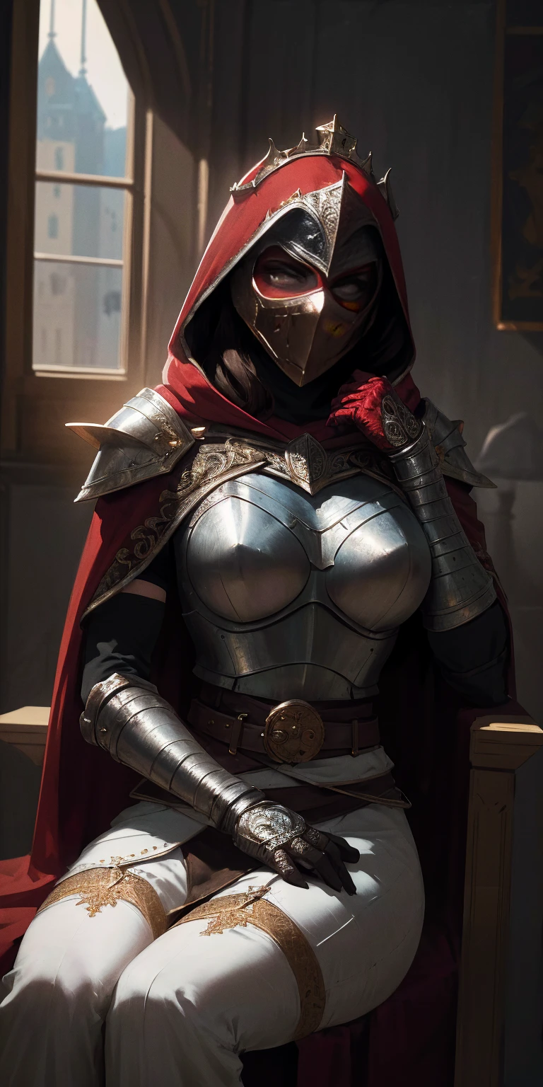 (masterpiece, best quality, absurdness, 4k, aesthetic, detailed, intricate, perfect lighting) cinematic angle, 1sologirl, sitting on throne, elbow rest, castle interior, mask, hood, cape, belt, armor, cloak, red gloves gauntlets, bkcrown