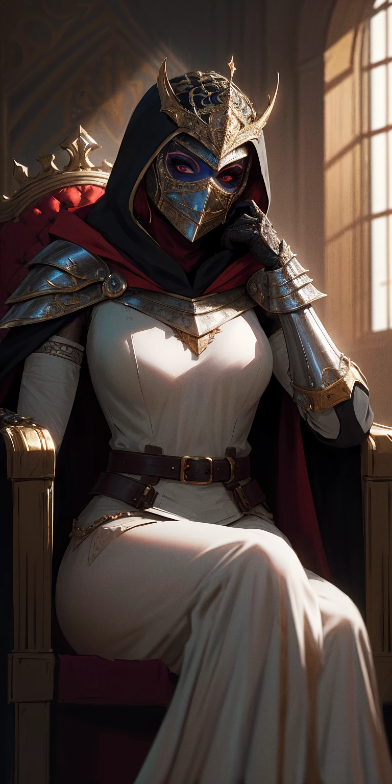 (masterpiece, best quality, absurdness, 4k, aesthetic, detailed, intricate, perfect lighting) cinematic angle, 1sologirl, sitting on throne, elbow rest, castle interior, mask, hood, cape, belt, armor, cloak, red gloves gauntlets, bkcrown