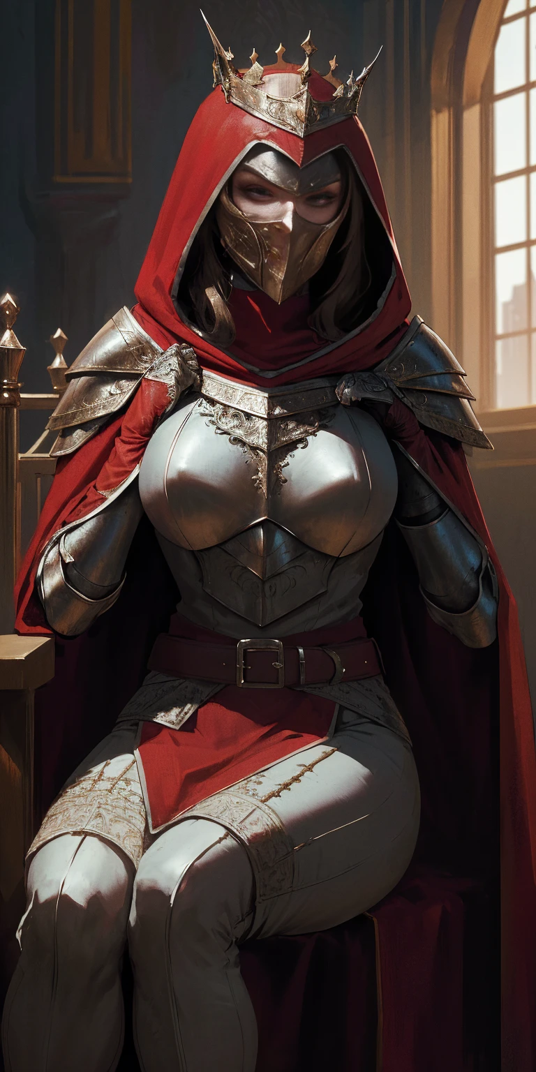 (masterpiece, best quality, absurdness, 4k, aesthetic, detailed, intricate, perfect lighting) cinematic angle, 1sologirl, sitting on throne, elbow rest, castle interior, mask, hood, cape, belt, armor, cloak, red gloves gauntlets, bkcrown