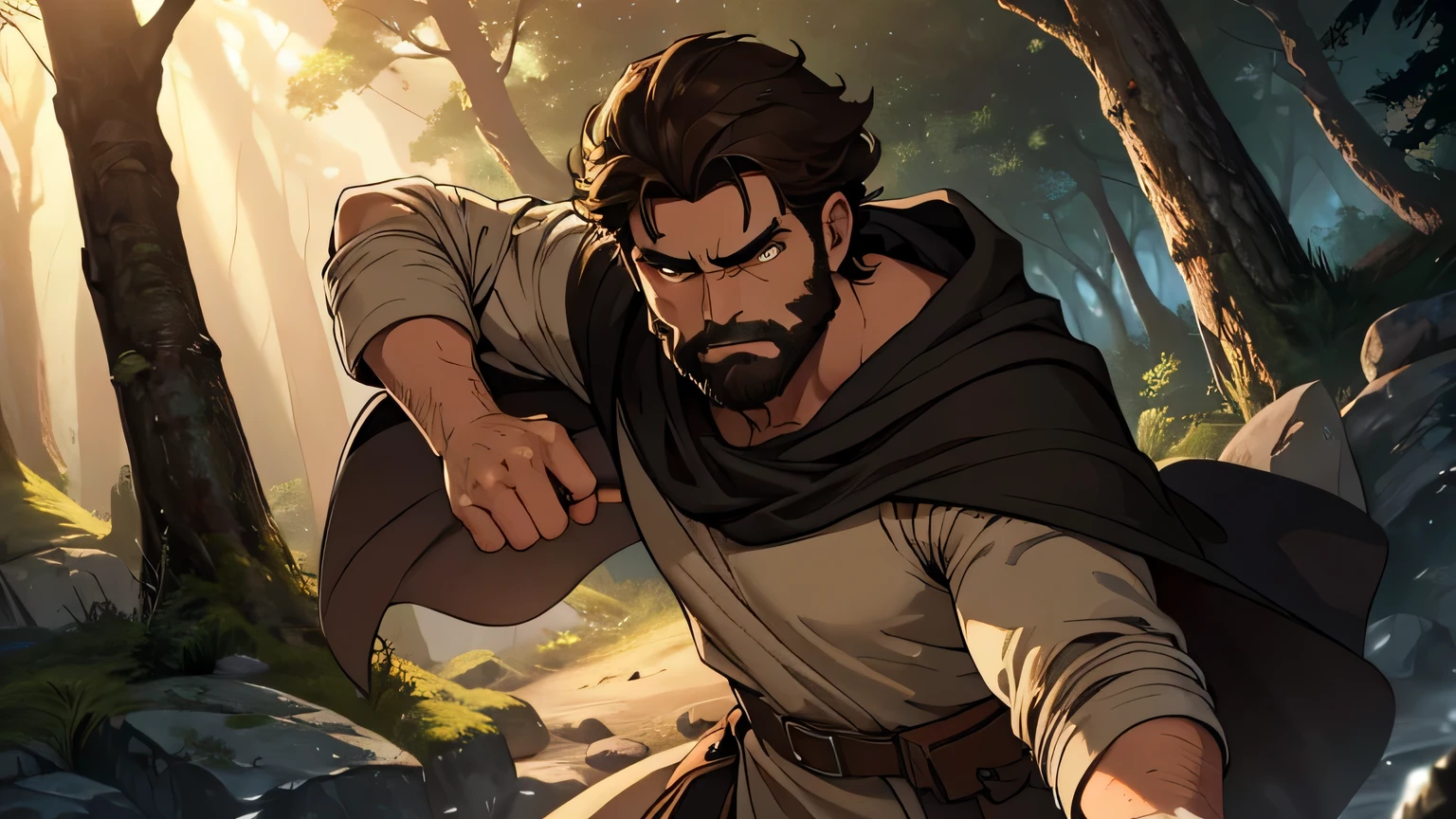 Worried-faced man with dark brown beard, long dark brown hair, light yellow-brown eyes and dark brown and light brown tunic from the 4th century BC. C., with a light brown cloak, about 50 years old, throwing brown rock with his hand, in a dark and mysterious forest at night, movement scene in the forest, changing lighting, hyperrealistic, cinematic lighting,