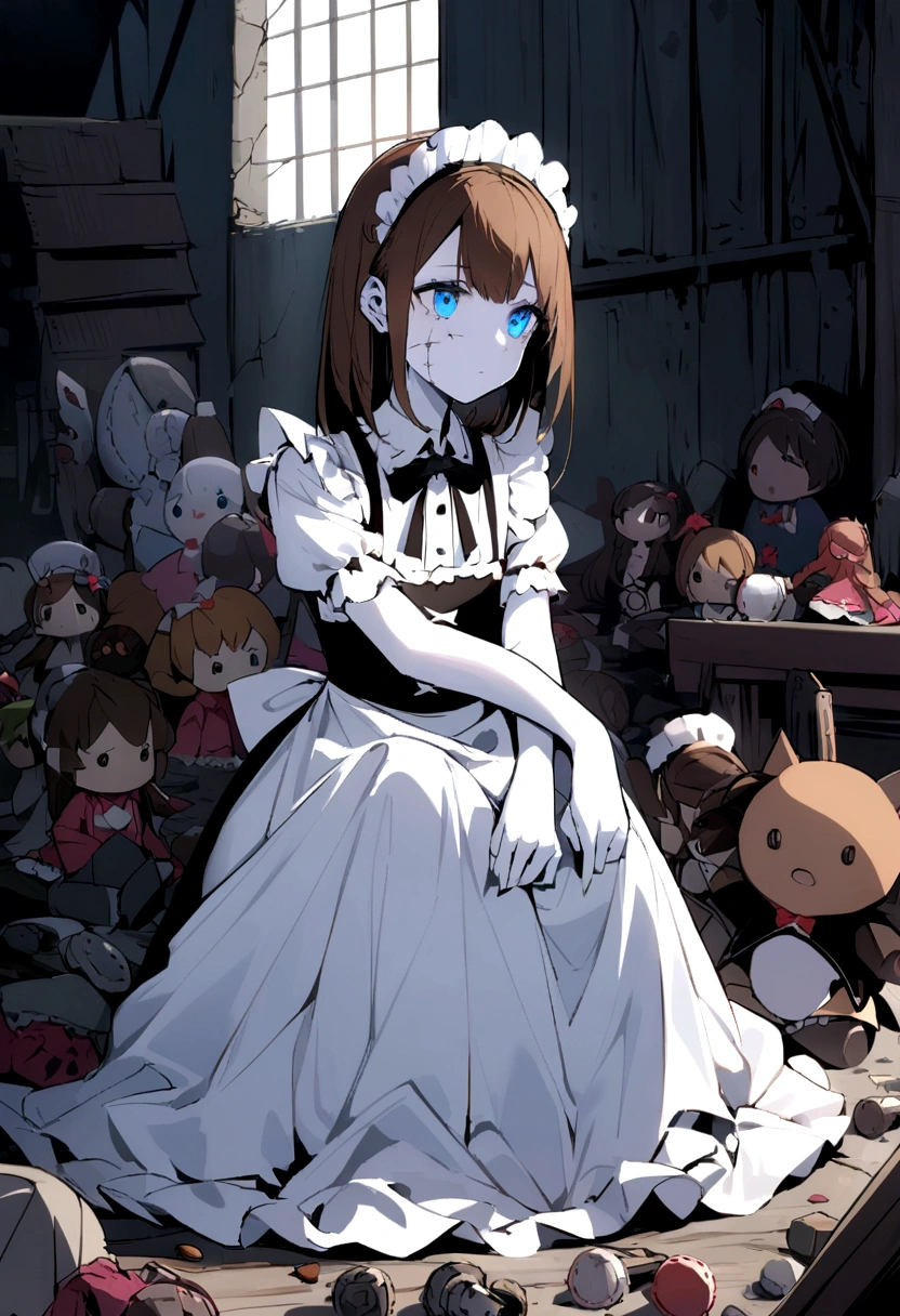 Girl with white skin, blue eyes and brown hair sitting in an abandoned warehouse, full of things and dolls around her. Wearing a maid uniform, with the body with cracks on the face and arms