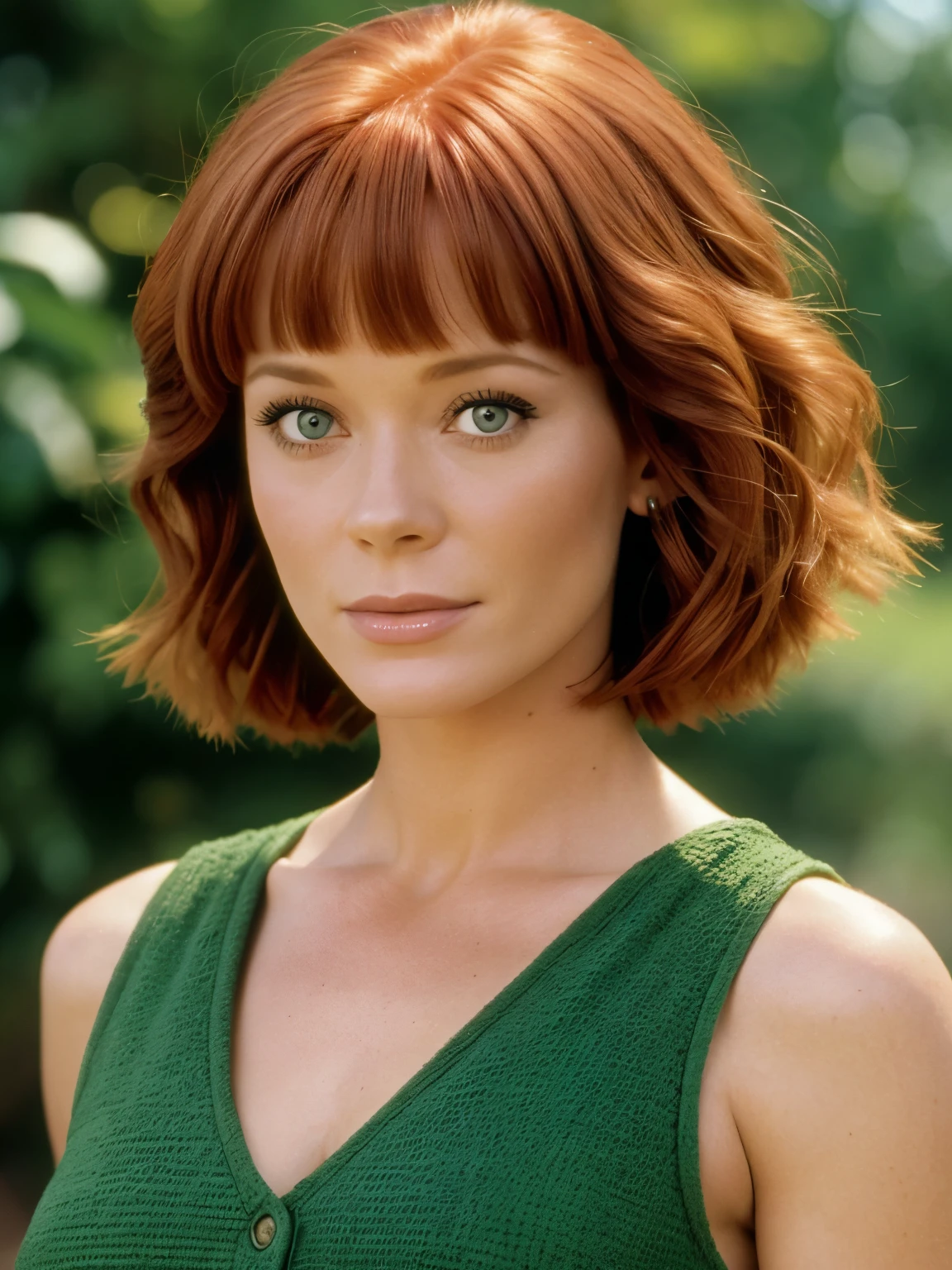 Lauren Holly from "Picket Fences 1992" green eye, red hair, short hair, hair spread out, big hair, expressive hair, bob cut, blunt bangs, UHD, masterpiece, accurate, anatomically correct, textured skin, super detail, high details