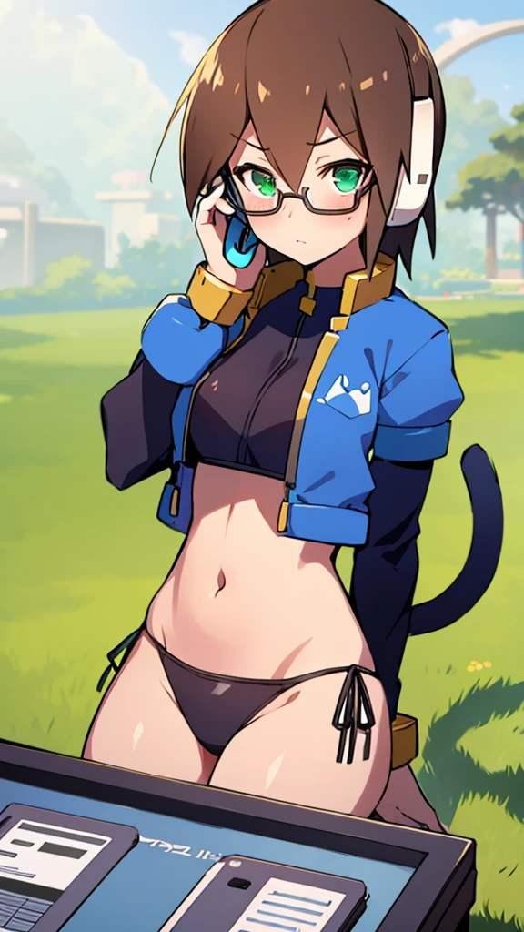 Aile_Megamanzx, 1 Girl, looking at viewer, Brown hair, Green eyes, Sky background , Blushed , Leaning on a table , Glasses , gaming clothes, gaming headphones, Cat Cosplay, black micro bikini