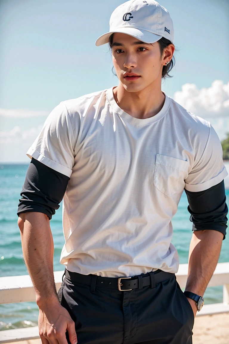 Realistic photography, Handsome  Mature Thai Male ,beach, wearing black shorts. wet. white cotton shirt. white baseball cap, light skin, (lean body), one earring