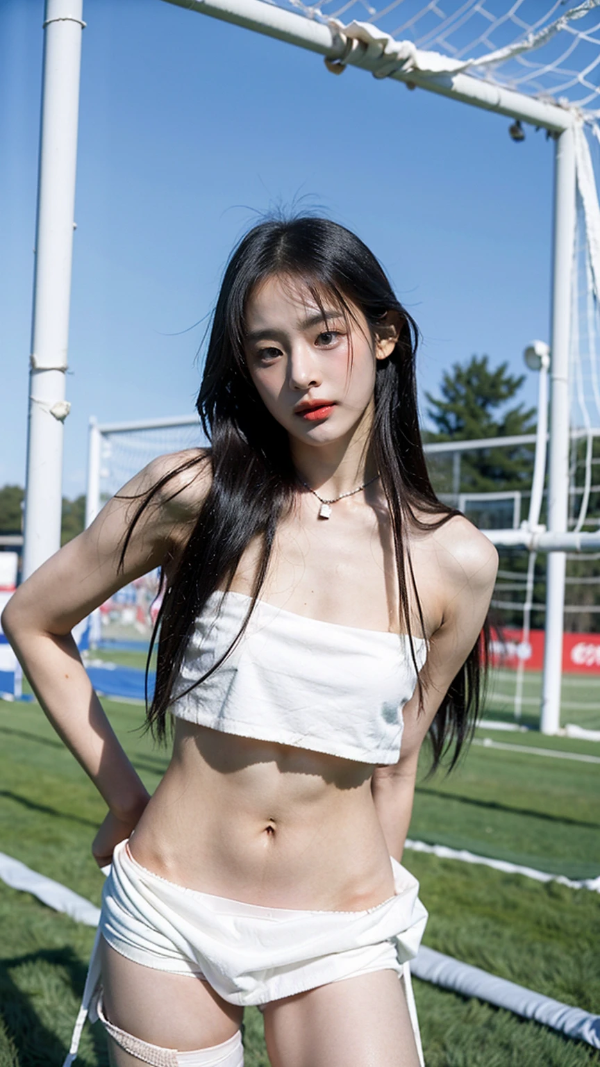 ((1girl)), in naked, pose at soccer field, makeup with glossy lip, small breasts, necklace, (naked with soccer net on her body:1.4), various angle, ((face focus)), 22 years old, Beautiful Japanese Girl, standing pose, (nsfw:1.4), she is sweating