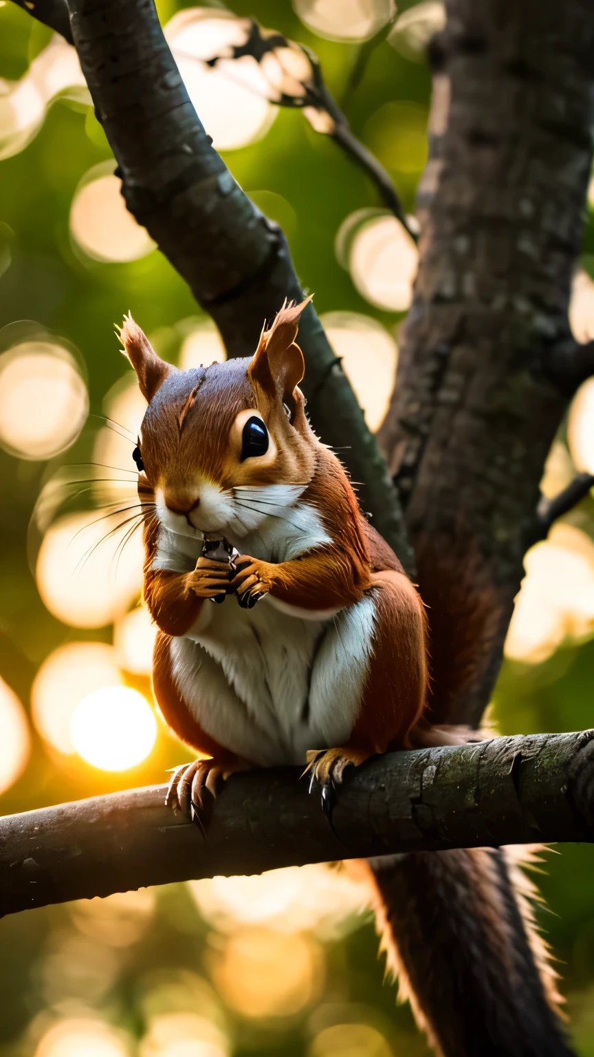 Playful squirrel, perched on a branch bathed in a breathtaking sunset (8K, photorealistic). Lush foliage with vibrant colors creates a dynamic scene. Shallow depth of field highlights the curious squirrel (focal point). (Nature, Animal)