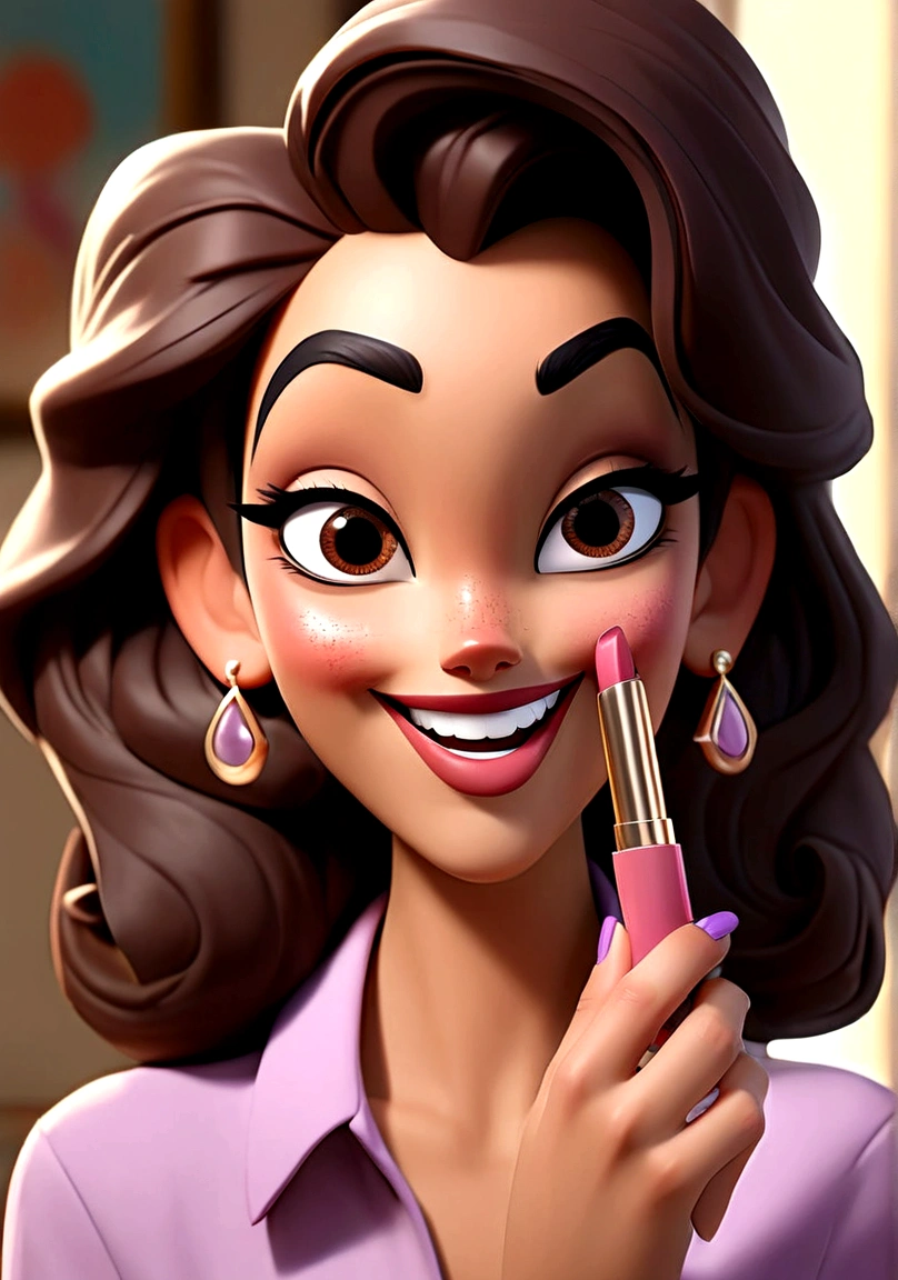 a close up of a woman holding a lipstick in her hand, thick bushy straight eyebrows, smiling and looking directly, big bold thick eyebrows, thick eyebrows, violet myers, without makeup, flawless olive skin, gorgeous latina face, large eyebrows, straight eyebrows, relaxed eyebrows, perfectly lit face, she is smiling and excited, perfectly clear face, looking straight to camera