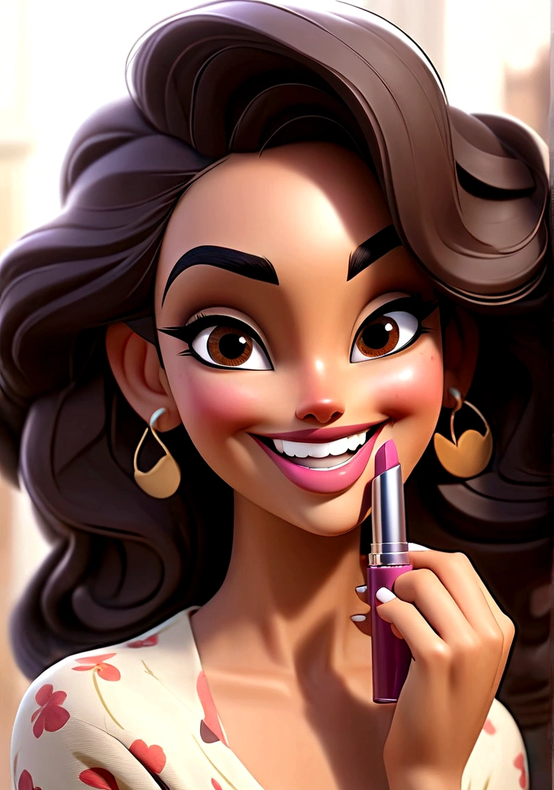 a close up of a woman holding a lipstick in her hand, thick bushy straight eyebrows, smiling and looking directly, big bold thick eyebrows, thick eyebrows, violet myers, without makeup, flawless olive skin, gorgeous latina face, large eyebrows, straight eyebrows, relaxed eyebrows, perfectly lit face, she is smiling and excited, perfectly clear face, looking straight to camera