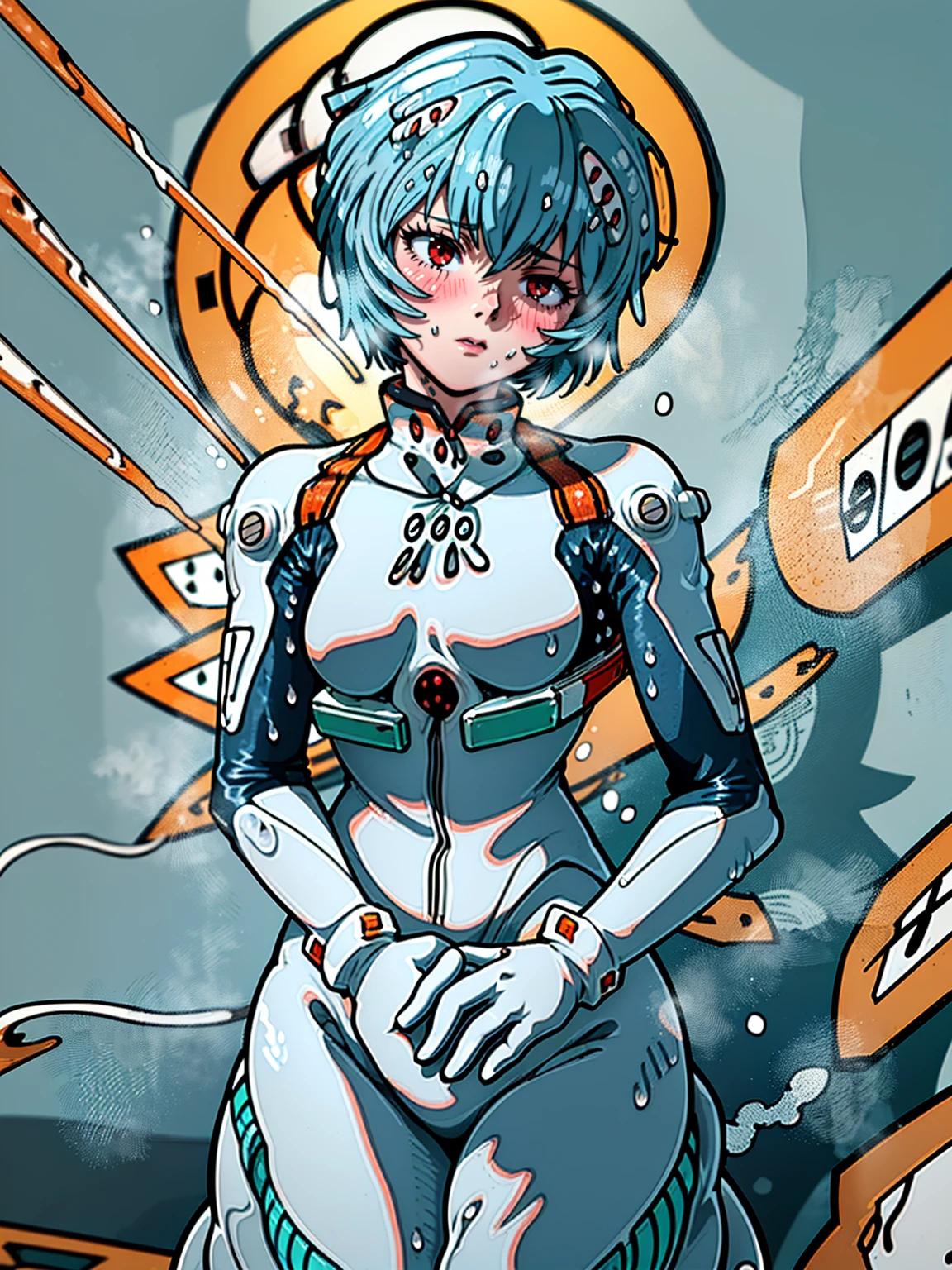 ((Highest quality, 8k wallpaper)),(masterpiece, Highest quality),Very detailed,High resolution,(Official Art:1.3),(((Anime screenshots,Black outline))),One girl,alone, Break mer1,(Rei Ayanami {Neon Genesis Evangelion,}1.2),masterpiece, best quality, outdoor, 1girl, Solo,red eyes,short hair,blue hair, (White plug suit:1.4), skin tight,(backlight, shaded face, cross-eyed, rolling eyes, empty eyes, jitome, raised eyebrows, one eye closed:1.3),(Tired look, A look of regret, Struggled, Half-closed eyes, fear, humiliation, Frightened, anxiety:1.3),(((Covered in sweat, Mass sweat, Sweating profusely,steam:1.7))), (((fighting stance, knees together feet apart, leaning forward, holding own arms, bent legs:1.4))),(((独奏, cowboy shot:1.6))),
