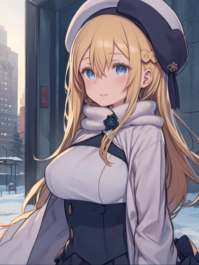 One Woman、Blonde Hair、long hair、Hair between the eyes、Braid、blue eyes、Big Breasts、Upper Body、Happy,pea coat,beret,Fluffy scarf,Maxi Skirt ,Outdoor, winter,snow,