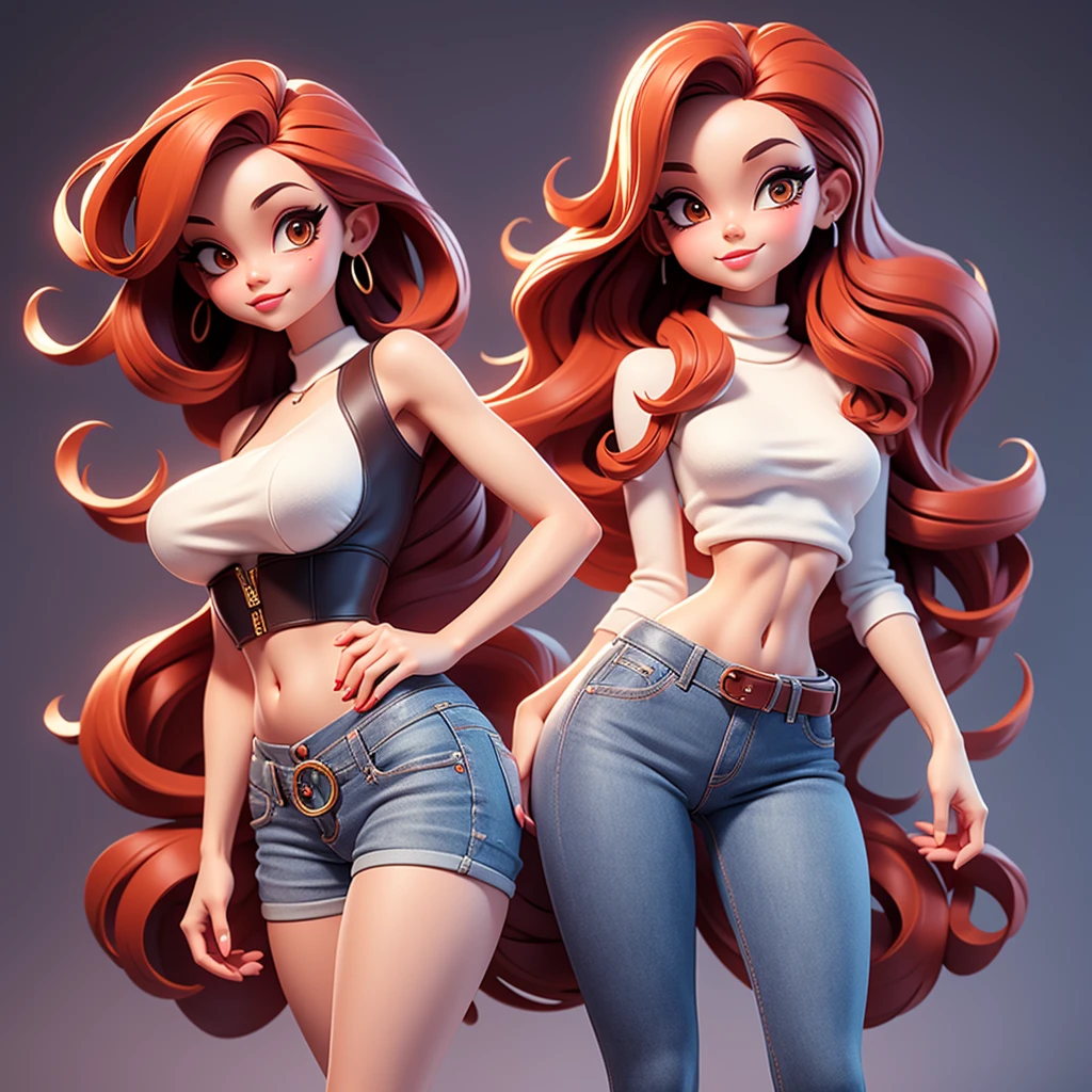  A sexy cartonn woman in jeans and white crop top posing gracefully for a photo, beauty in jeans, long straight red hair, Waist slender, sexy girl, mulher de corpo inteiro, wearing jeans, beautiful seductive woman, slender figure, cartoon vector style, corpo pin-up, Broad Hips