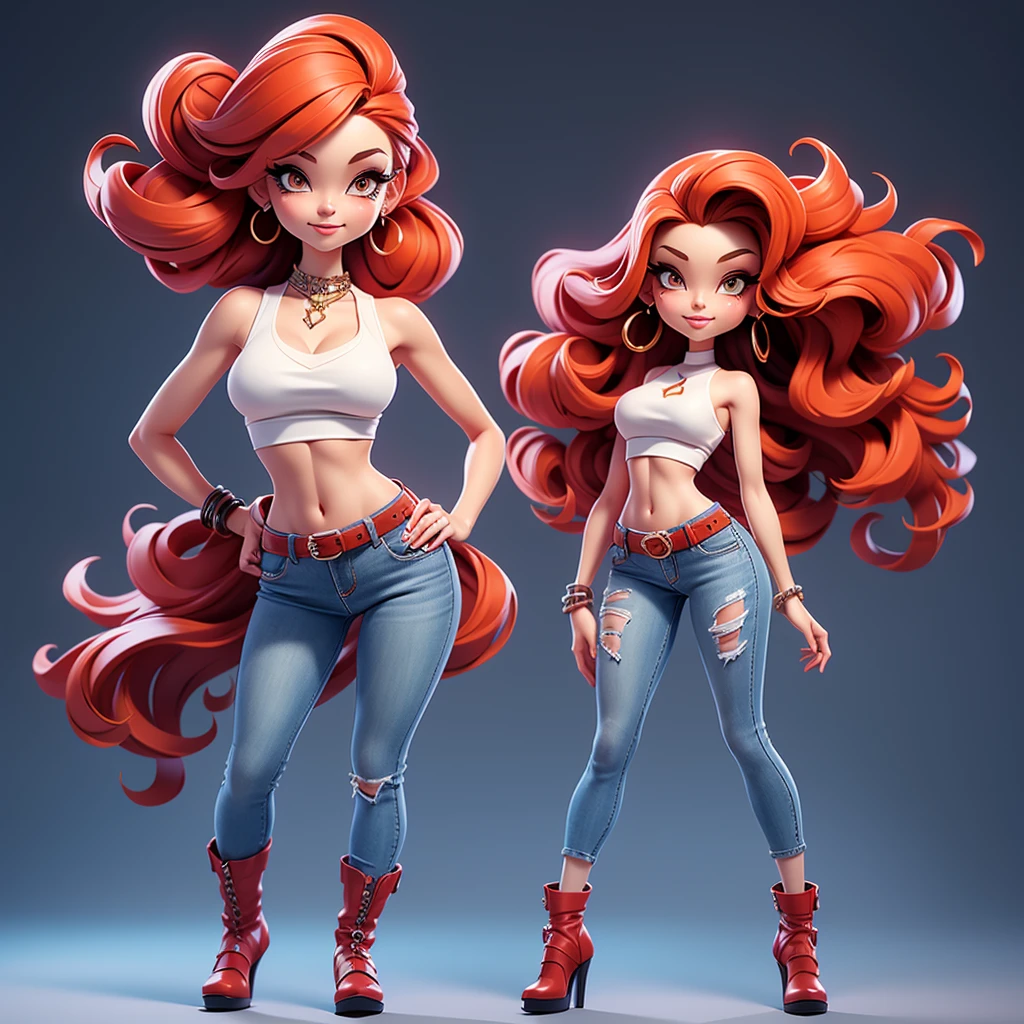 A sexy cartonn woman in jeans and white crop top posing gracefully for a photo, beauty in jeans, long straight red hair, Waist slender, sexy girl, mulher de corpo inteiro, wearing jeans, beautiful seductive woman, slender figure, cartoon vector style, corpo pin-up, Broad Hips