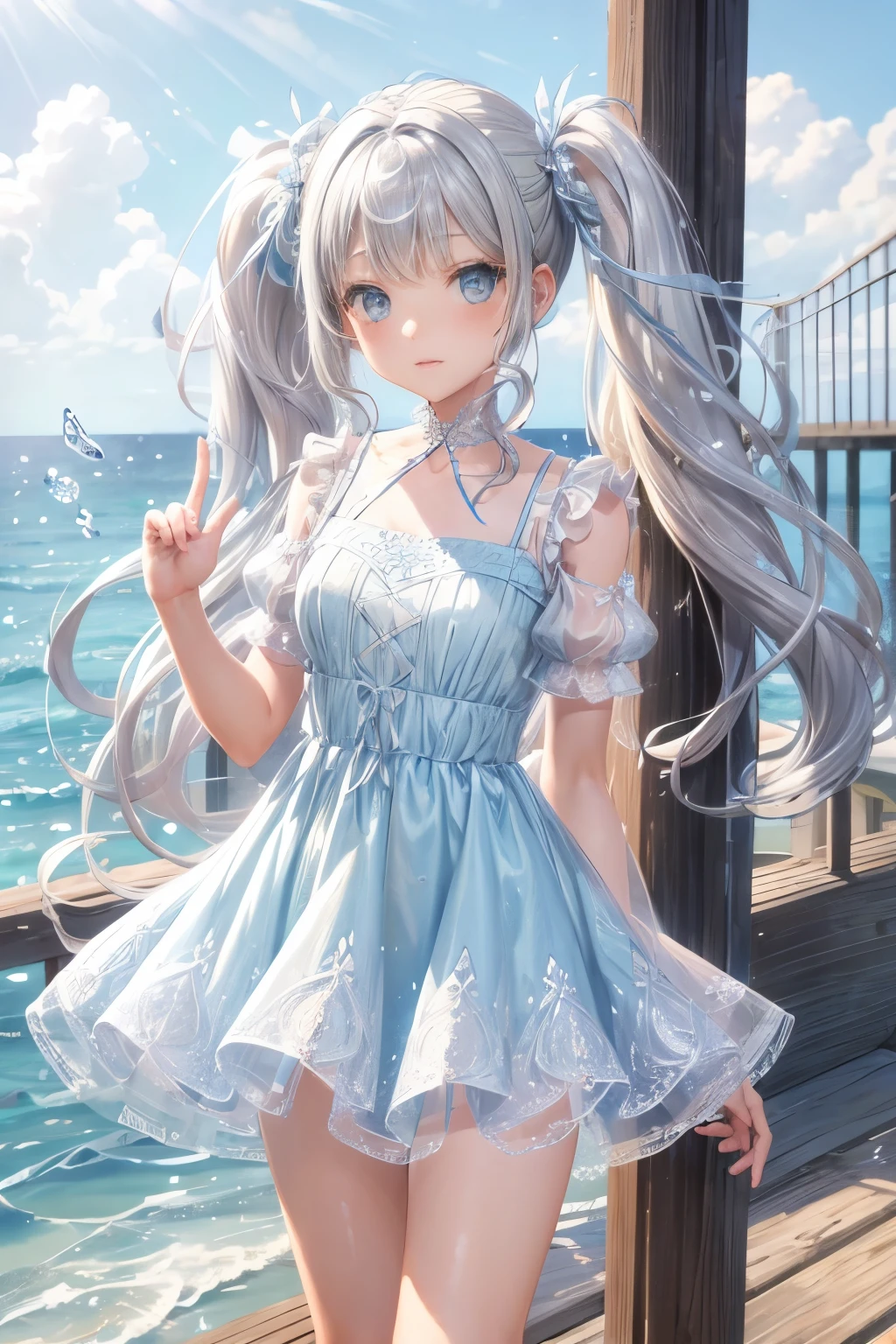 girl long silver twintails Cute detailed face light blue detailed lace Short dress Seaside in summer Skirts that flip in the wind