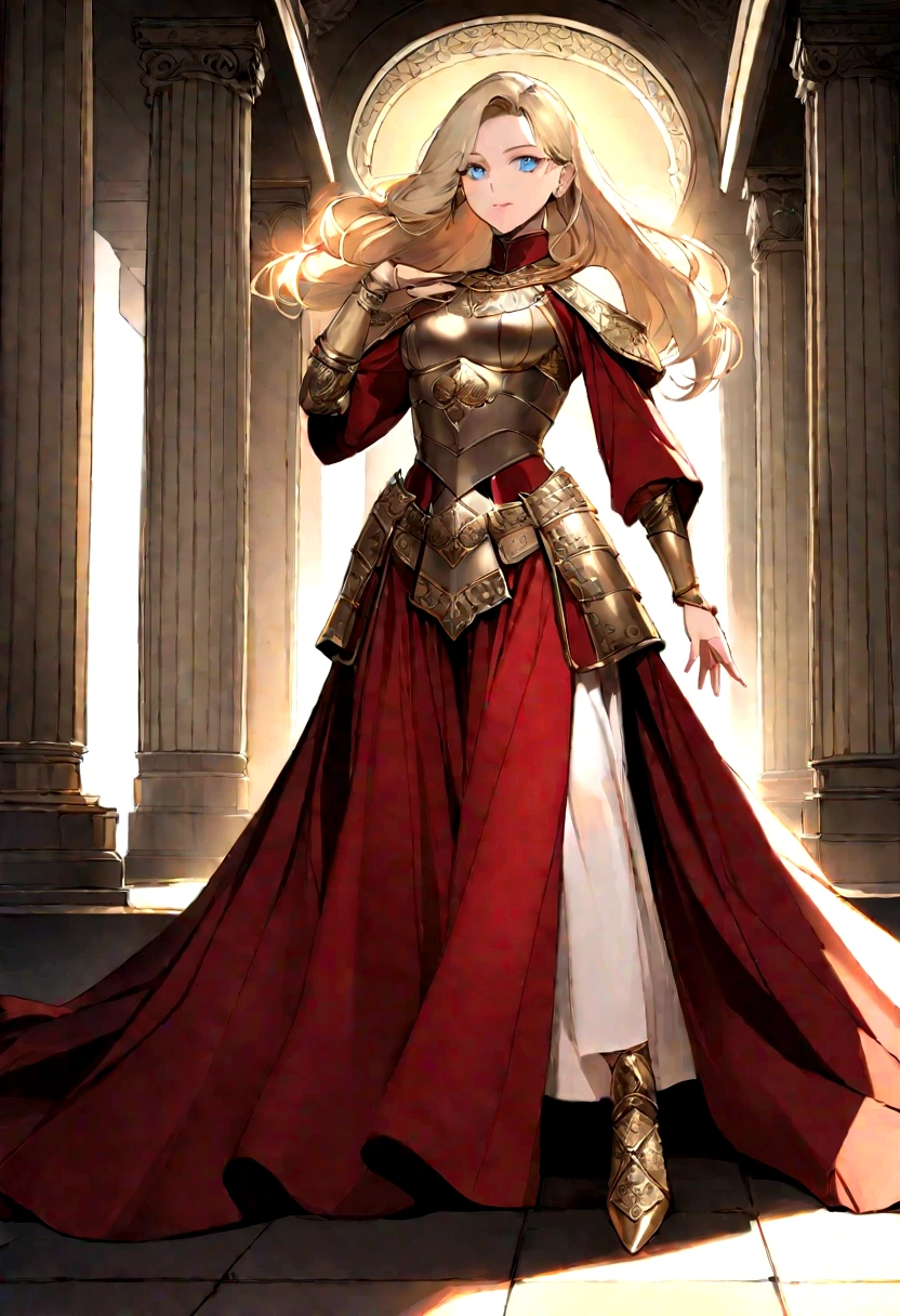 Appearance: Octávia has silky blonde hair that falls in soft waves over her shoulders... Her clear blue eyes shine with determination and intelligence. Your skin is clear and immaculate, reflecting your eternal youth. She has remarkable beauty and a posture that radiates confidence and nobility...Style Clothing: Octavia wears elegant Roman armor, custom made for her. The armor is adorned with golden details and imperial symbols, highlighting her status as the emperor's daughter and #39. She wears a red cape that flows behind her as she moves., adding a touch of elegance to your warrior look. Your shoes are robust and practical, suitable for both battle and palace.fund: no back ground, we can imagine Octávia in a grand and majestic setting. Perhaps she is in one of the halls of the imperial palace in Rome, with ancient columns and richly decorated tapestries around. A luz do sol entra pelas janelas altas, illuminating you with a soft glow that highlights your noble figure and distinctive features.