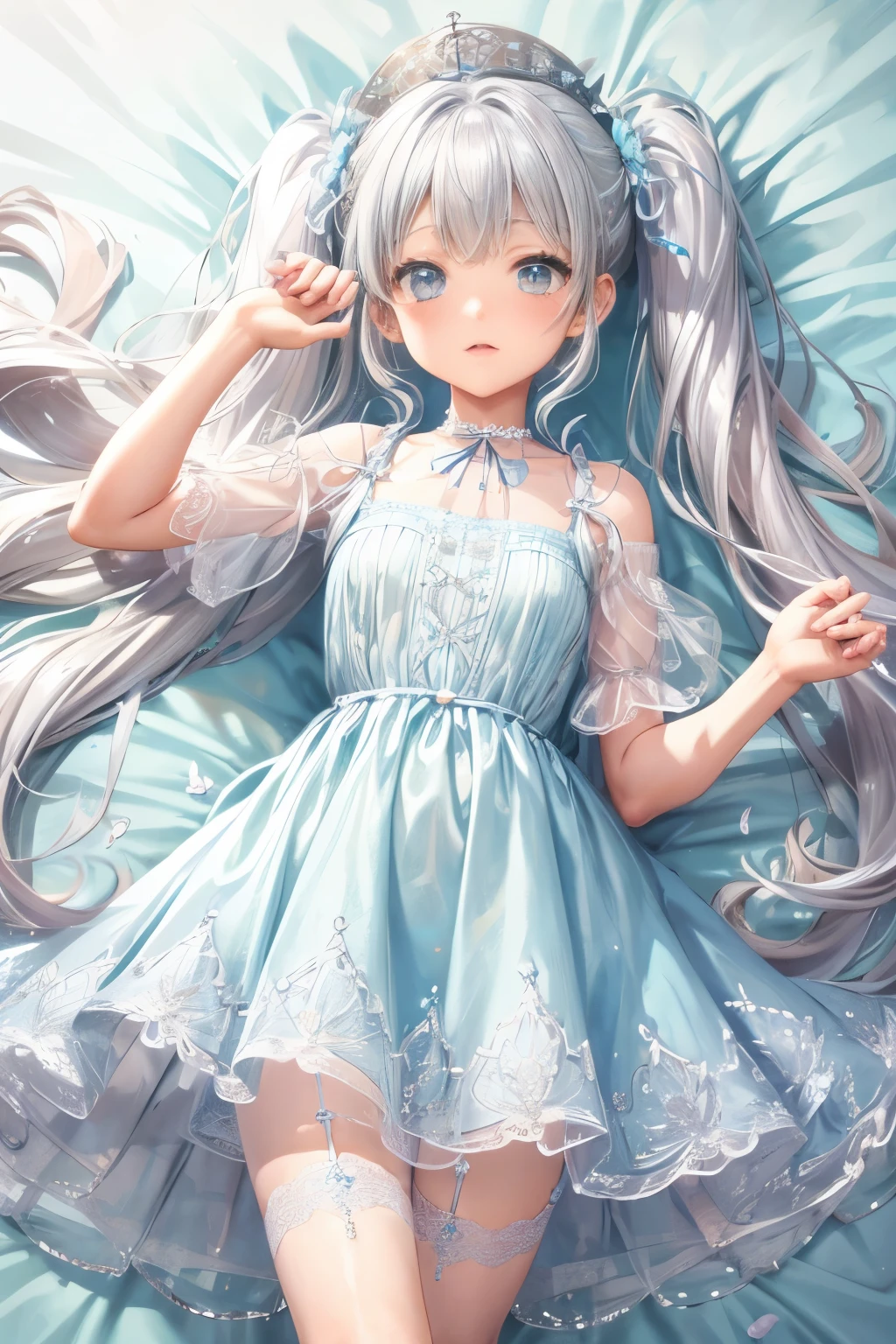 girl　long silver twintails　Cute detailed face　light blue detailed lace Short dress　Seaside in summer  Skirts that flip in the wind　