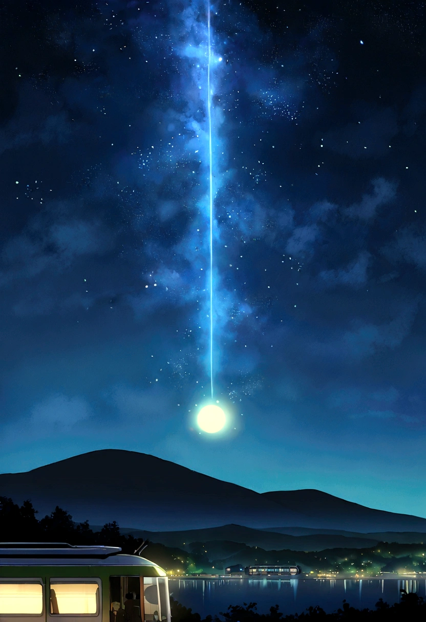Studio Ghibli style、Anime movieovie stills、Highest quality、masterpiece、Onomichi、Inland Sea、In the infinite universe, Starry sky shrouded in pitch black darkness, A special story spun by a sparkling meteor. Hilltop view、Fireflies appear，Hyper HD　Tram