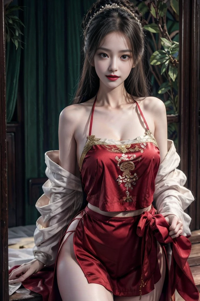 (Masterpiece), (nonsense), (The lens focuses on the thigh.), Shiny skin, girl, alone, Sparkling students, Long eyelashes, gag, long hair, Striped hair, Wavy hair, (Chinese marsupial:1.27),(red doll coat:1.2)，see viewers, (snowy，nighttime，bright old temple:1.3), movie light，(Ultra-realistic textile textures)，,award winning photos, มีdetailsมาก, miraculous, details, (มีdetailsมาก eyes:1.125) and face,  กล้อง Kodak Porter 400 F1.6， colorful lenses ，Realistic textures, very realistic ，unreal engine ，Trend Tungsten Lamp ArtStation Cinestill 800, beautiful woman, Ulzzang-6500, (seductive smile),