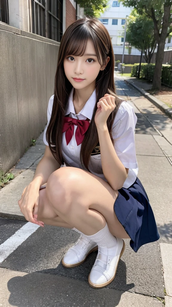 high school girl、wearing a uniform、squat、panties