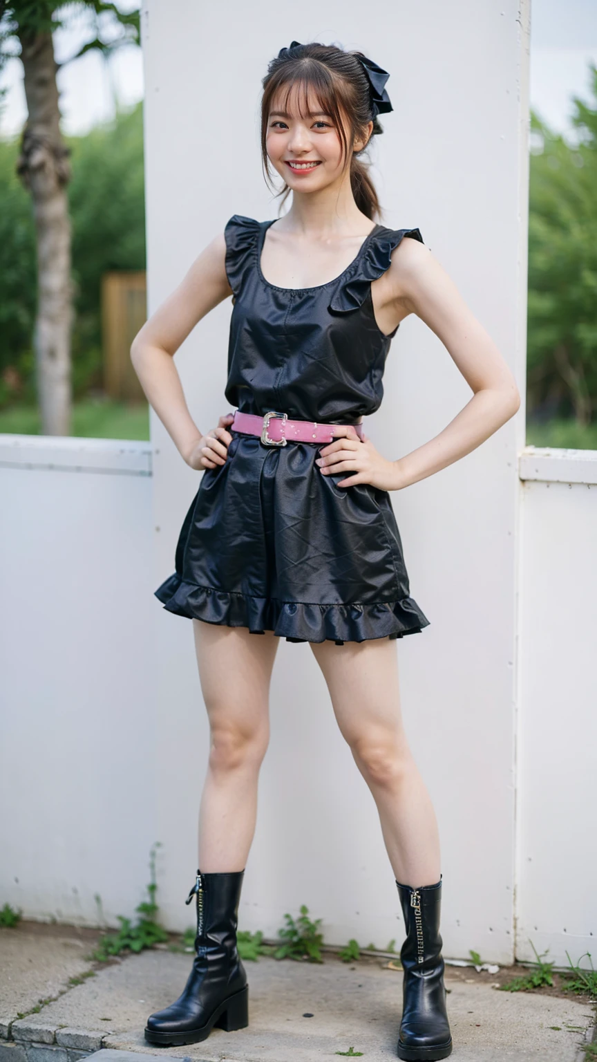 (8K、RAW Photos、Highest quality、masterpiece:1.2)、(Realistic、Realistic)、1 Girl、((mini skirt、smile、See-through、Frills、Sleeveless、Pink and black、Thin legs、whole body、boots、one piece、garden、View from the front、Looking into the camera、belt、Stand with hands on hips))、cute