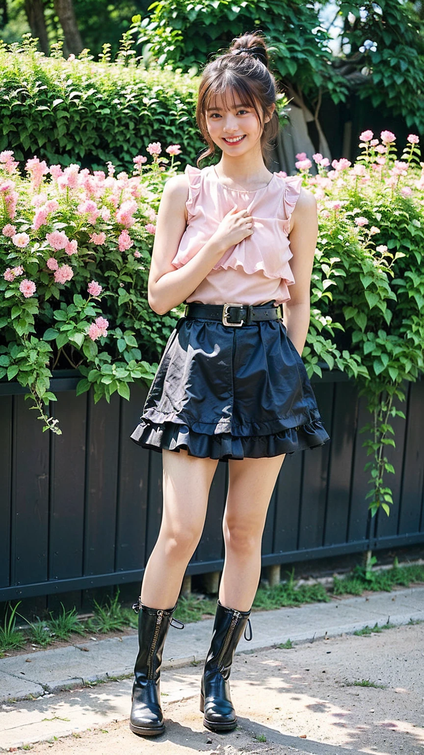 (8K、RAW Photos、Highest quality、masterpiece:1.2)、(Realistic、Realistic)、1 Girl、((mini skirt、smile、See-through、Frills、Sleeveless、Pink and black、Thin legs、whole body、boots、one piece、garden、View from the front、Looking into the camera、belt、Stand with hands on hips))、cute