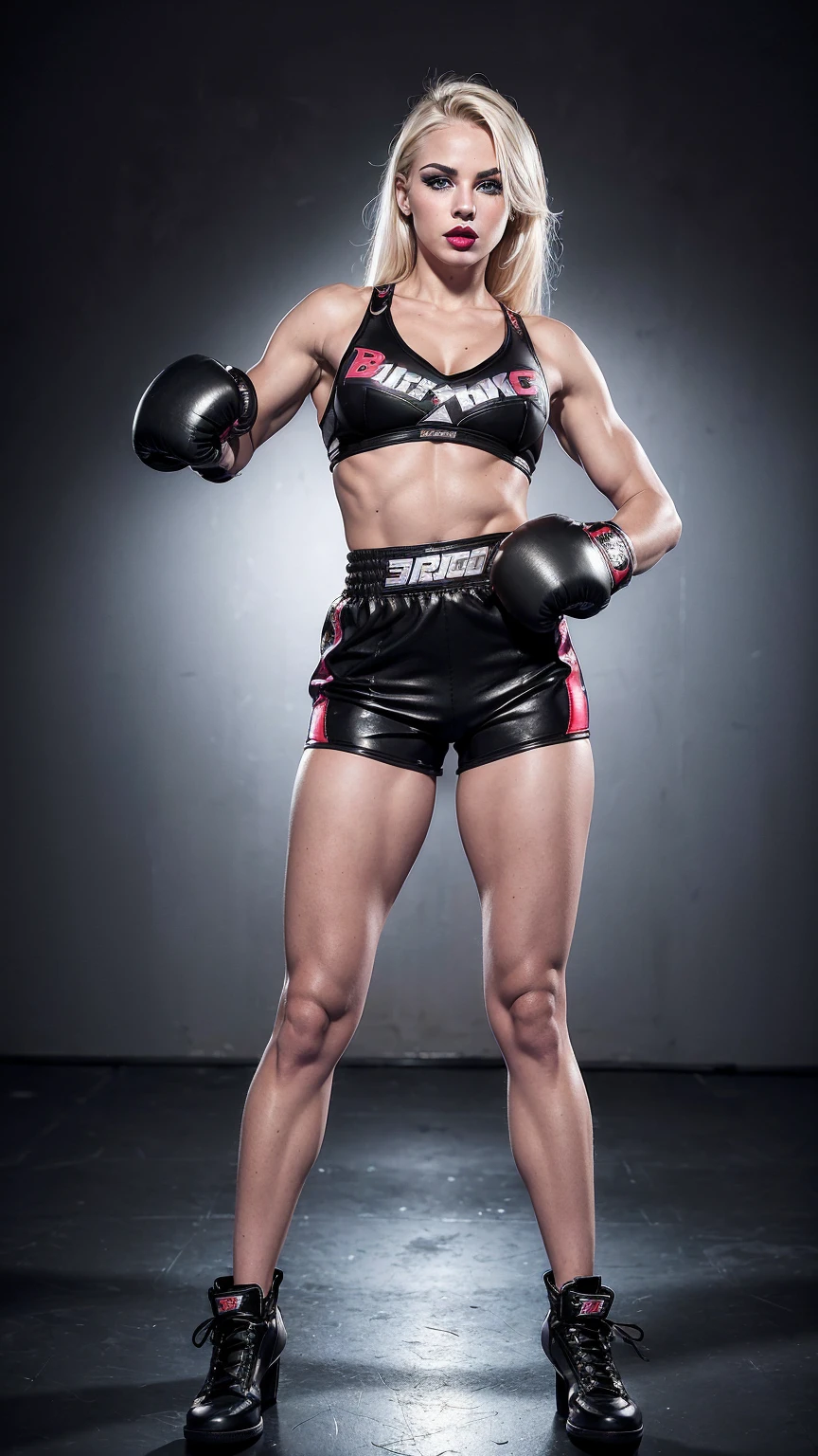 Beautiful cute vicious blonde , 18 years old, (boxing shorts:1.3), (sexy ck boxing shorts), (tiny bra), (black boxing boots), blue eyes, straight blonde hair, muscular arms, toned body, boxing gloves, ((lipstick, heavy makeup:1.3)), (black boxing shorts:1.3), perky breasts,firm breasts, intimipose in a boxing ring, ((full body portrait:1.3)),