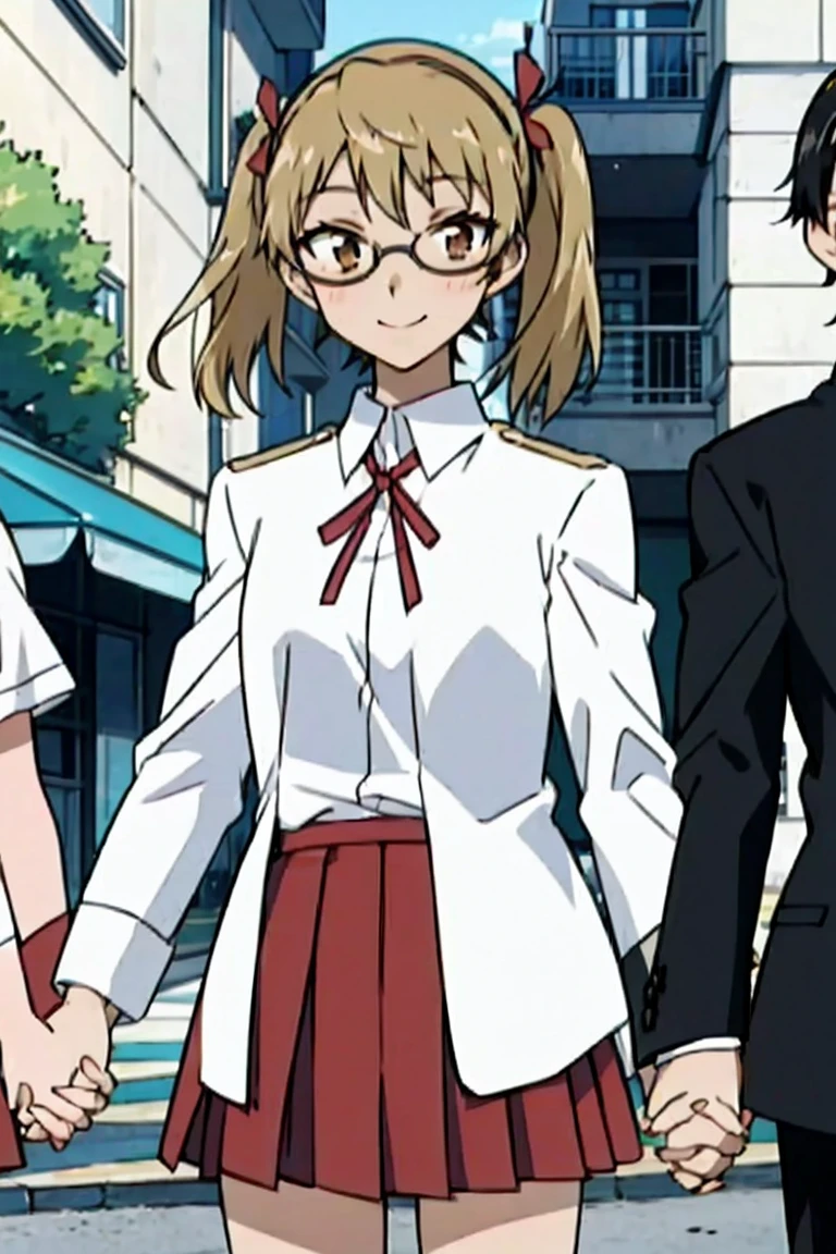 1 boy and 1 girl stand in the street,Holding hands,sawachika Different, brown eyes,twintails, hair ribbon,harimakenji, glasses, ,school uniform, red pleated skirt,Different,hairband, looking_at_viewer, sDifferentous, gakuran, white_shirt,smile,happy,two persons