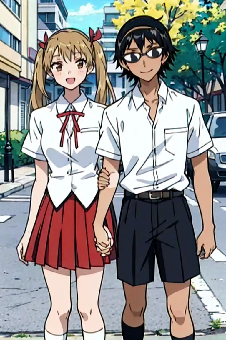 1 boy and 1 girl stand in the street,Holding hands,sawachika Different, brown eyes,twintails, hair ribbon,harimakenji, glasses, ,school uniform, red pleated skirt,Different,hairband, looking_at_viewer, sDifferentous, gakuran, white_shirt,smile,happy,two persons