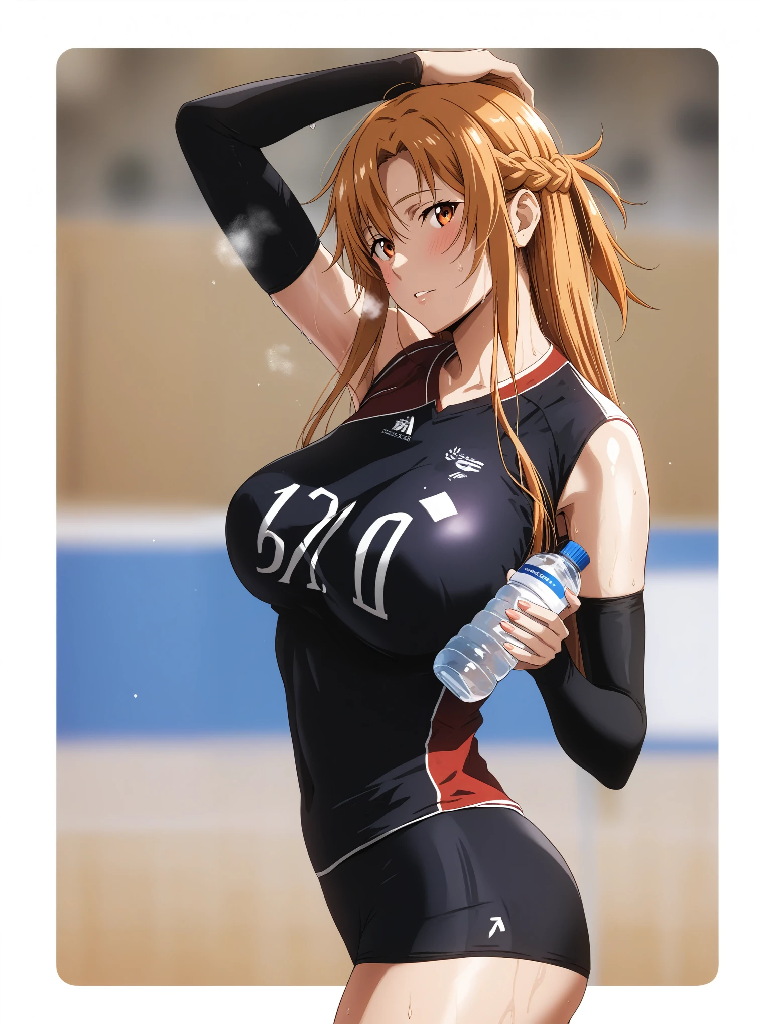 (harayutaka art style:0.7), score_9, score_8_up, score_7_up, score_6_up, uncensored, asuna yuuki from sword art online, orange hair, long hair, orange eyes, fold, BREAK (masterpiece:1.2), best quality, high resolution,(detailed eyes:1.3), perfect lighting, (perfect hands, perfect anatomy), large breasts, bottle, towel, sweating, solo, blurry, blurry_background, breasts, water_bottle, blush, armpits, holding_bottle, volleyball_uniform, sleeveless, looking_at_viewer, sportswear, gasping, heavy breathing, tired, 