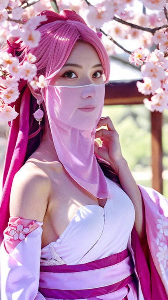 ((masterpiece, best quality)), (1girl),((mature female)), animal ears, bare shoulders, blush, breasts, cherry blossoms, closed mouth, detached sleeves, earrings, fingernails, flower, fox ears, gem, hair between eyes, hair ornament, hand up, japanese clothes, jewelry, kimono, long hair, looking at viewer, medium breasts, miko, nontraditional miko, pink eyes, pink flower, pink hair, purple gemstone, short kimono, sidelocks,standing, yea miko \(genshin impact\), wearing face veil, (white face veil:1.2),