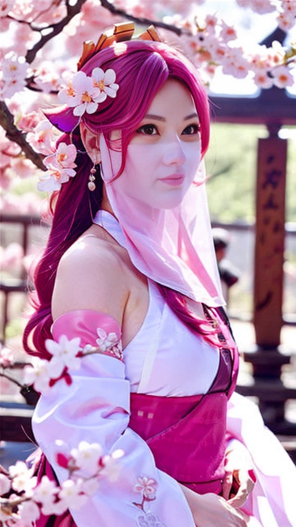 ((masterpiece, best quality)), (1girl),((mature female)), animal ears, bare shoulders, blush, breasts, cherry blossoms, closed mouth, detached sleeves, earrings, fingernails, flower, fox ears, gem, hair between eyes, hair ornament, hand up, japanese clothes, jewelry, kimono, long hair, looking at viewer, medium breasts, miko, nontraditional miko, pink eyes, pink flower, pink hair, purple gemstone, short kimono, sidelocks,standing, yea miko \(genshin impact\), wearing face veil, (white face veil:1.2),