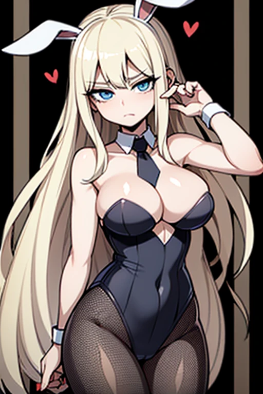 best quality, 1girl adult, slim hips, pale skin, blond hair, medium hair, straight hair, light blue eyes, extra big overflowing breasts, black bunnygirl outfit with fishnet pantyhose
