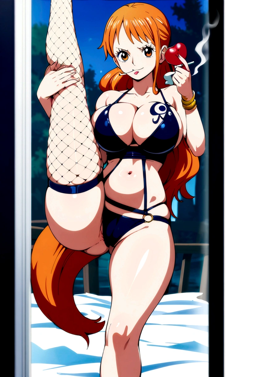 a cartoon picture of a woman in a bikini top and jeans, nami one piece, nami from one piece, nami, beautiful portrait of nami, from one piece, oppai, blue eyes, smoking, ponytail, nsfw