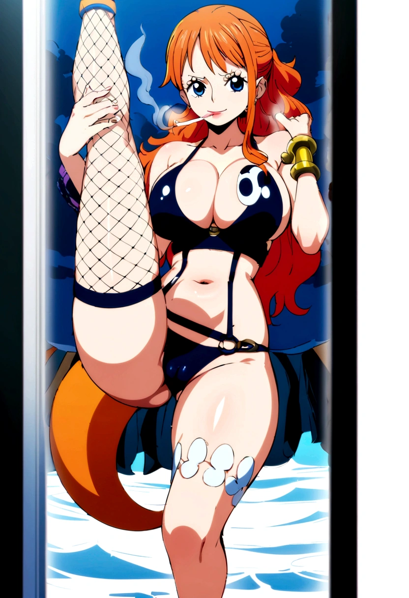 a cartoon picture of a woman in a bikini top and jeans, nami one piece, nami from one piece, nami, beautiful portrait of nami, from one piece, oppai, blue eyes, smoking, ponytail, nsfw