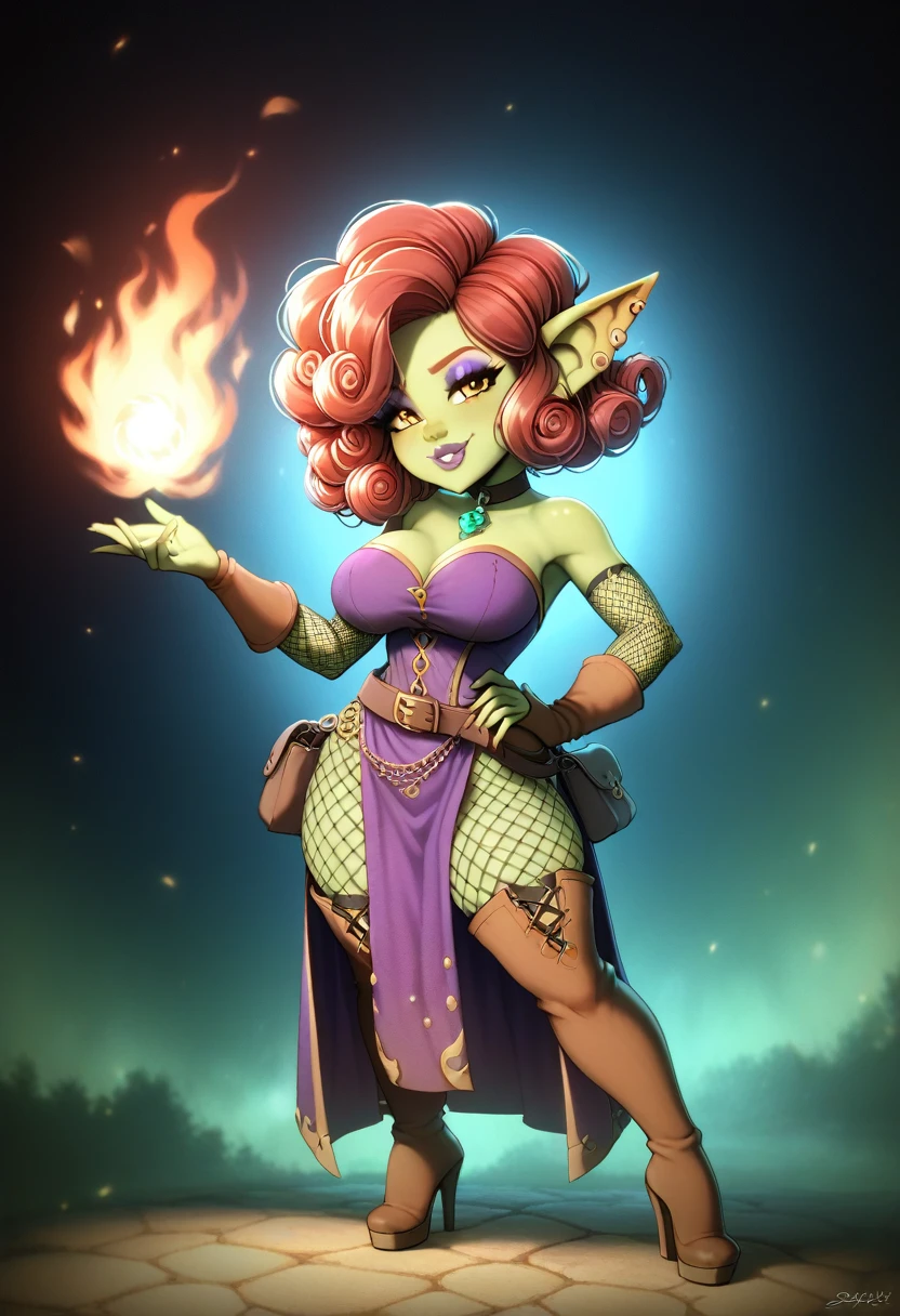 Girl, goblin girl, goblin, green skin, short, short stature, short hair, red hair, curly hair, large breasts, long gloves, thigh boots, pouty lips, masterpiece, best quality, sexy, dynamic pose, 8k, shortstack, sfw, shiny, fantasy, dungeons and dragons, high heels,  fishnets, holding, dark green skin, adventurer, slutty pose, sorcerer, sorceress, pyromancer, fire and ice, magic, fire and ice magic, long detailed slutty colorful dress, thigh pouch, very curly hair, lots of belts, curly hairstyle, lipstick, rosy cheeks, smile, eyeshadow, eye liner, belt on hip, magic, magic dress, very detailed, magic user, puffy lips, bright colors, fiery personality, passionate 