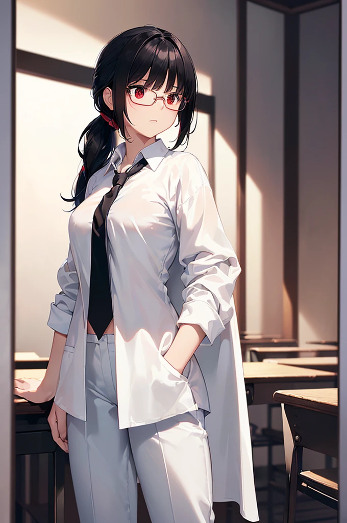 (masterpiece; best quality: 1.2), (finely detailed eyes: 1.3), ((25 year old woman)), ((solo)), (red eyes: 1.4), (body; gorgeous, soft, femenine: 1.3), (silky black hair + low ponytail: 1.3), (beautiful and clear background: 1.2), ((depth of field)), (equipment: white labcoat + ((black shirt)) + (white necktie) + white pants + black square glasses: 1.3), (anime illustration: 1.2), (background composition; japanese highschool classroom + furniture: 1.1), (extremely fine and beautiful: 1.1), (shot composition; standing + centered on torso + close-up: 1.5), (expression; calm, stoic: 1.2)