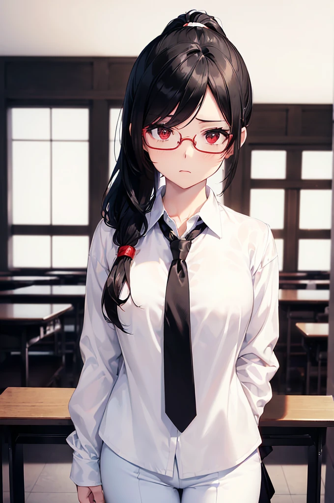 (masterpiece; best quality: 1.2), (finely detailed eyes: 1.3), ((25 year old woman)), ((solo)), (red eyes: 1.4), (body; gorgeous, soft, femenine: 1.3), (silky black hair + low ponytail: 1.3), (beautiful and clear background: 1.2), ((depth of field)), (equipment: white labcoat + ((black shirt)) + (white necktie) + white pants + black square glasses: 1.3), (anime illustration: 1.2), (background composition; japanese highschool classroom + furniture: 1.1), (extremely fine and beautiful: 1.1), (shot composition; standing + centered on torso + close-up: 1.5), (expression; calm, stoic: 1.2)