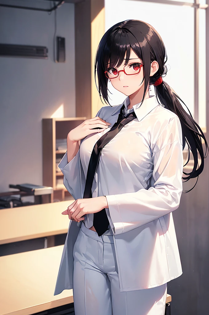 (masterpiece; best quality: 1.2), (finely detailed eyes: 1.3), ((25 year old woman)), ((solo)), (red eyes: 1.4), (body; gorgeous, soft, femenine: 1.3), (silky black hair + low ponytail: 1.3), (beautiful and clear background: 1.2), ((depth of field)), (equipment: white labcoat + ((black shirt)) + (white necktie) + white pants + black square glasses: 1.3), (anime illustration: 1.2), (background composition; japanese highschool classroom + furniture: 1.1), (extremely fine and beautiful: 1.1), (shot composition; standing + centered on torso + close-up: 1.5), (expression; calm, stoic: 1.2)