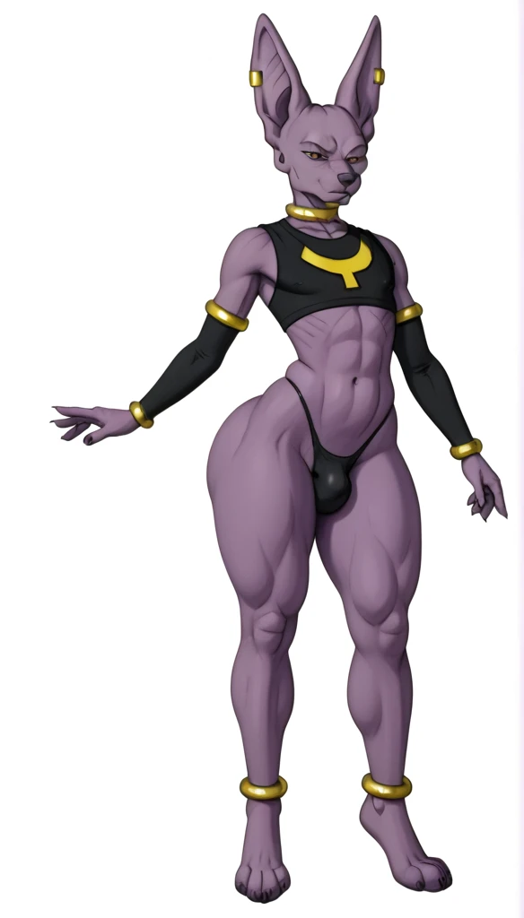 1 boy, furry, violet skin, Beerus From Dragon Ball Super, bedroom, fat ass, wide hips, curvy, flat chest, femboy, tall, full body, voluptuos, masterpiece, ultra high quality, detailed hands, detailed body, bulge, thong, detailed face, 