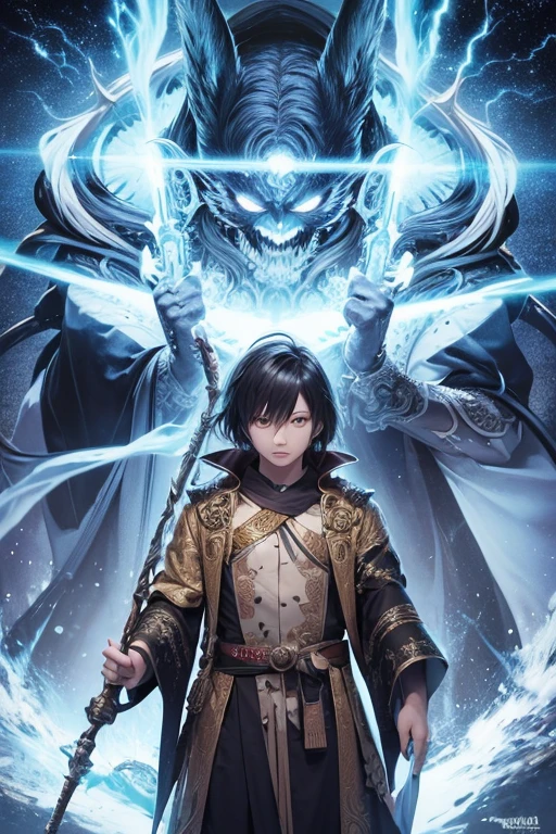 a 4d photo of a manga in a cool robe like a god holding a staff, and with a scary face, has two faces and two heads, cool background, cool design, and complicated and there is writing spelled correctly entitled "DEWA KESABARAN" below the picture